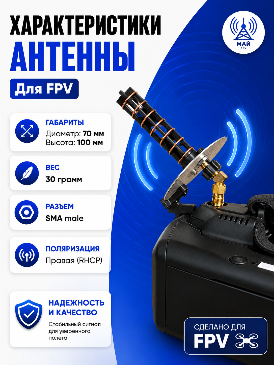 FPV Спиральная 5.8 GHz RHCP 12.2 dBi (Short)